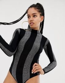 ASOS DESIGN x LaQuan Smith high neck bodysuit in glitter stripe at asos com at Asos